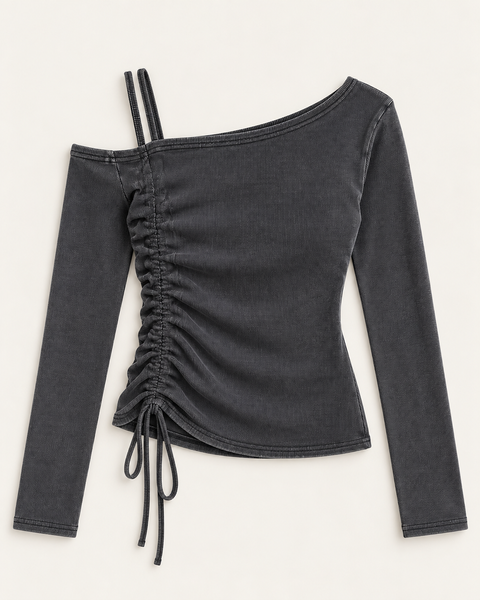 Charcoal Asymmetrical Ruched Ribbed Top