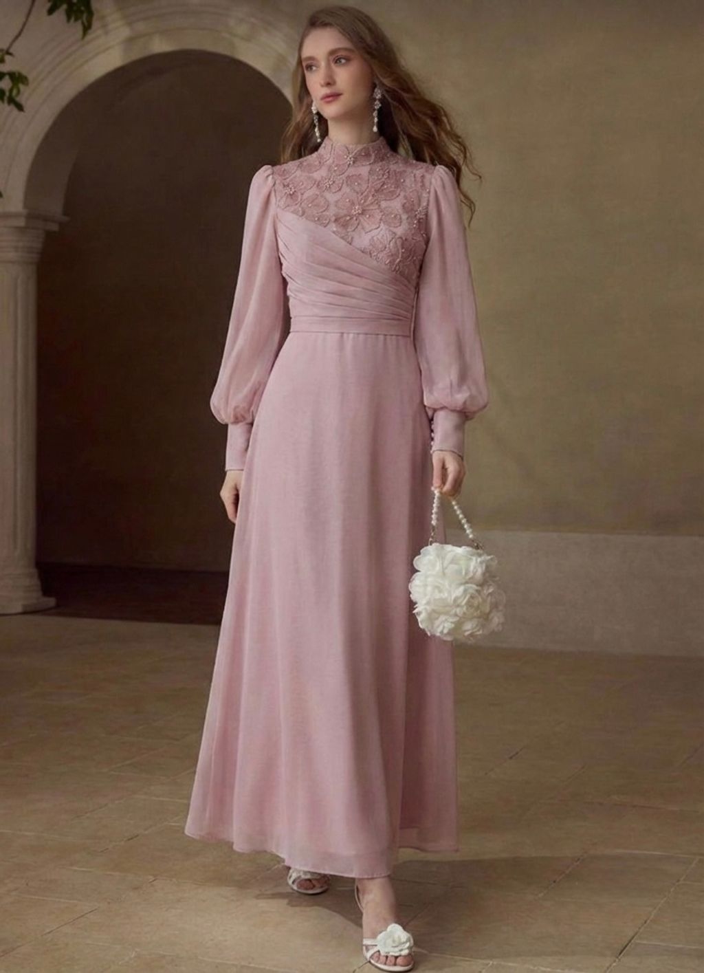 Habybifar Nix Abiye: Front view of premium purple chiffon mermaid dress with lace beading