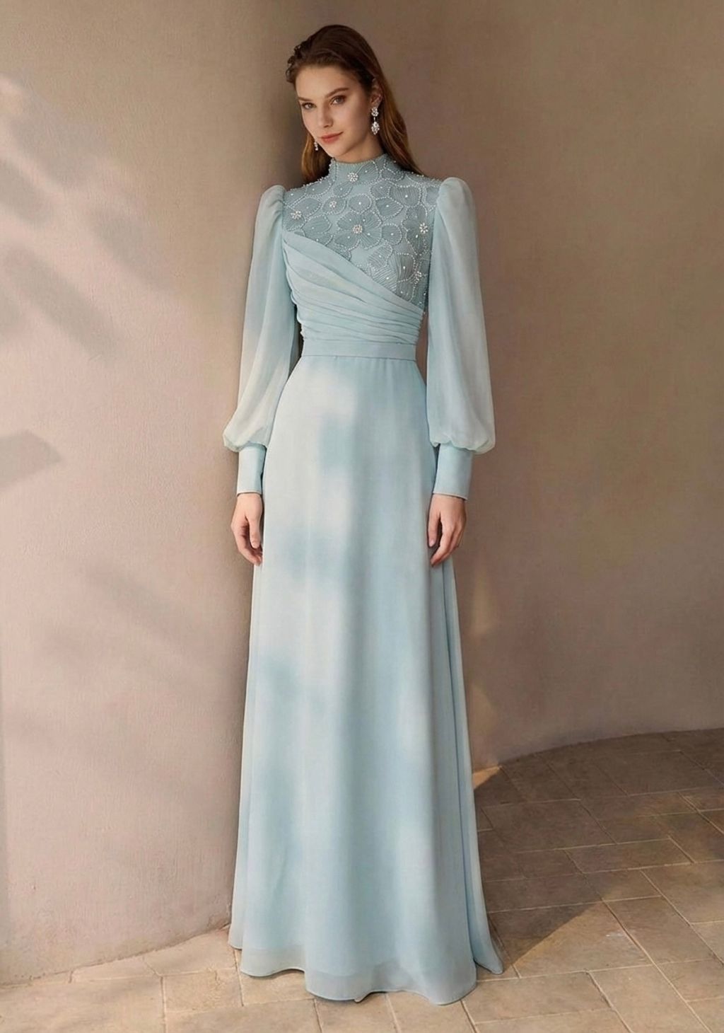 Habybifar Nix Abiye: Front view of premium green chiffon mermaid dress with lace beading