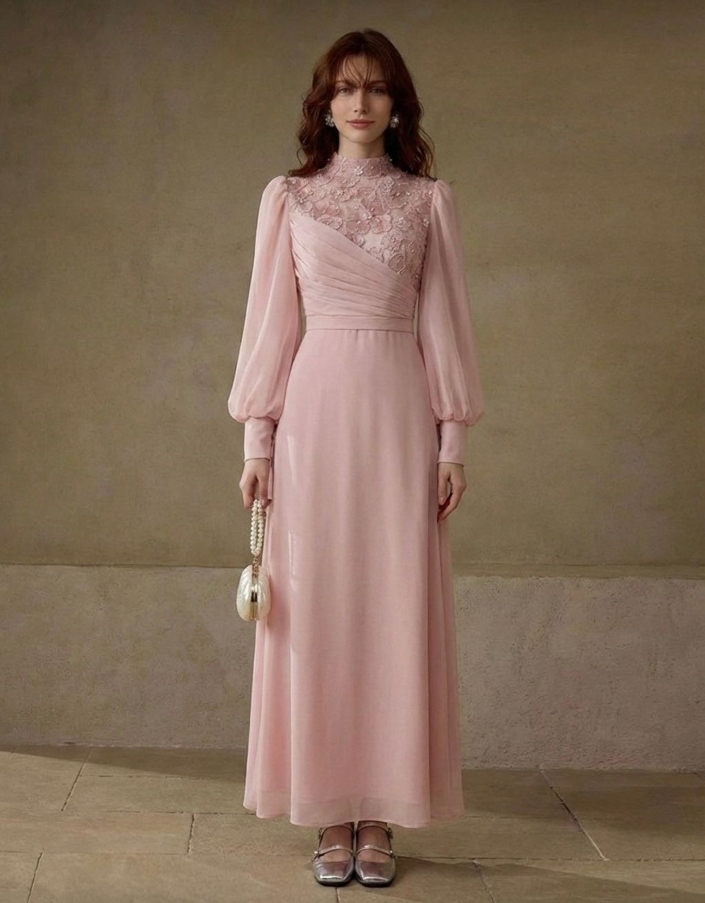 Habybifar Nix Abiye: Front view of premium pink chiffon mermaid dress with lace beading