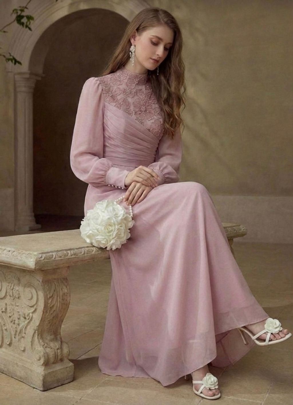 Habybifar Nix Abiye: Sitting view of premium purple chiffon mermaid dress with lace beading