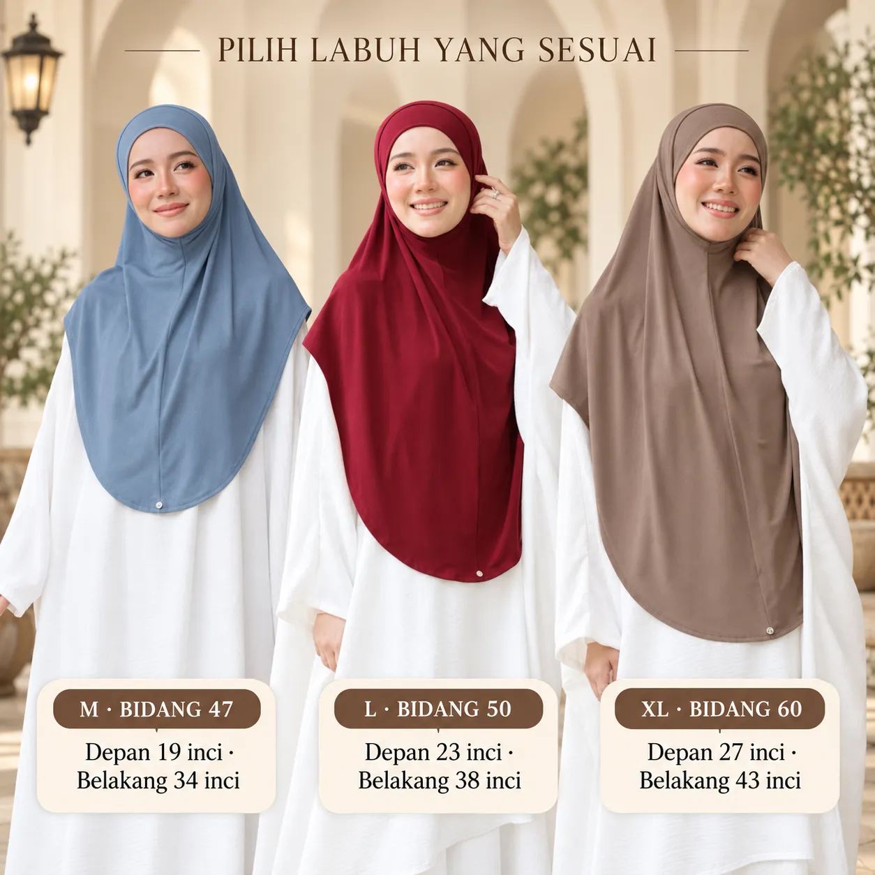 Perbandingan labuh Instant Syria saiz M bidang 47, L bidang 50 dan XL bidang 60