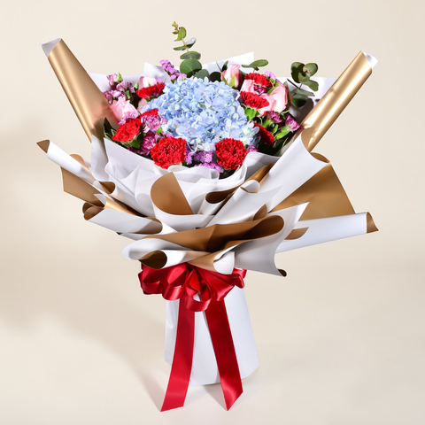 Elegant Devotion hydrangea, rose and carnation hand bouquet for birthday or anniversary with delivery in Kuala Lumpur and Selangor