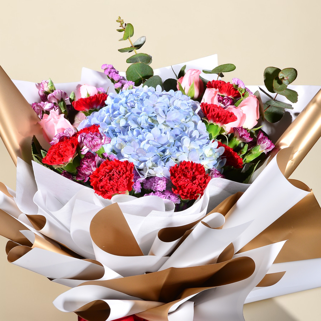 Elegant Devotion hydrangea, rose and carnation hand bouquet for birthday or anniversary with delivery in Kuala Lumpur and Selangor