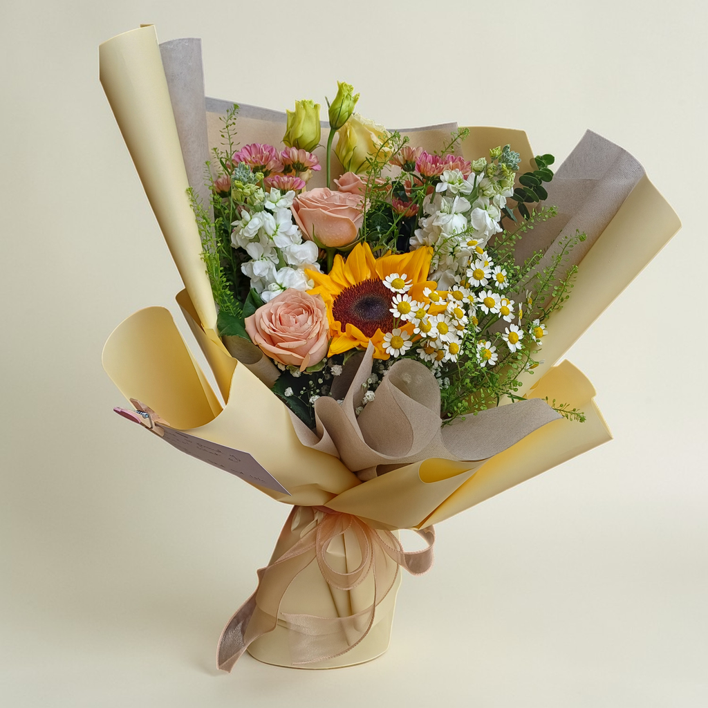 Petal Symphony sunflower and matthiola hand bouquet for birthday or anniversary with delivery in Kuala Lumpur and Selangor
