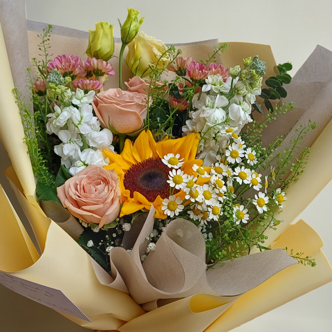 Petal Symphony sunflower and matthiola hand bouquet for birthday or anniversary with delivery in Kuala Lumpur and Selangor