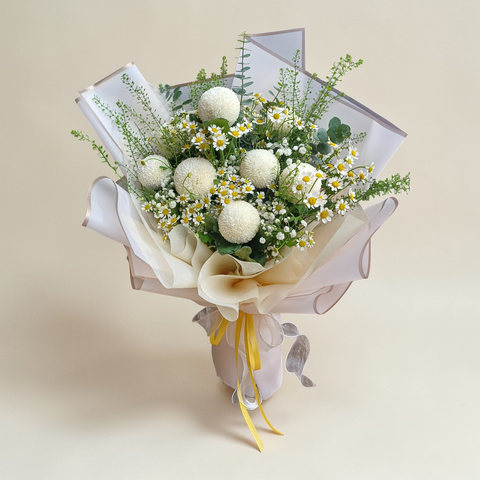 Blooming Elegance ping pong and camomile hand bouquet for birthday or anniversary with delivery in Kuala Lumpur and Selangor