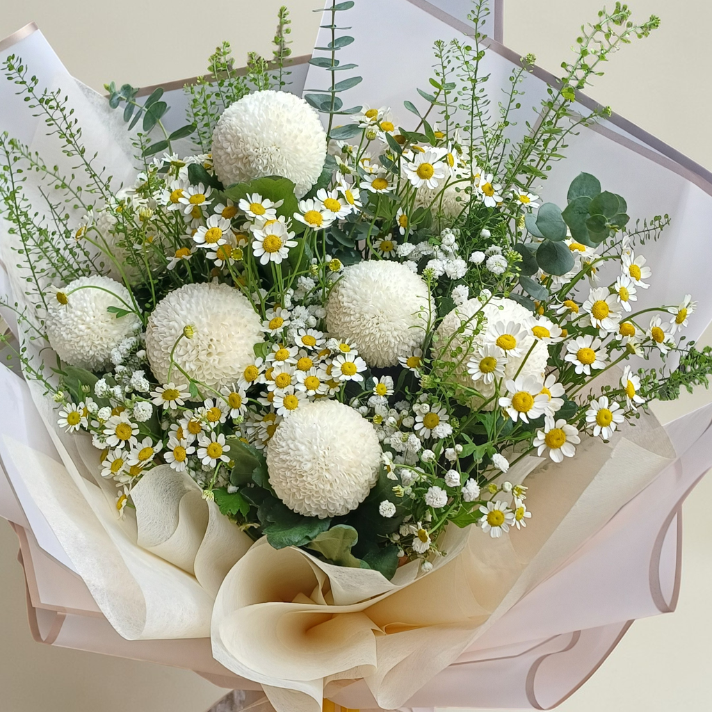 Blooming Elegance ping pong and camomile hand bouquet for birthday or anniversary with delivery in Kuala Lumpur and Selangor