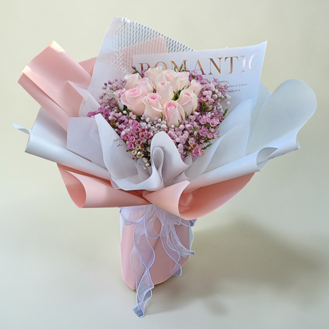 Pure Romance rose and baby’s breath hand bouquet for birthday or anniversary with delivery in Kuala Lumpur and Selangor