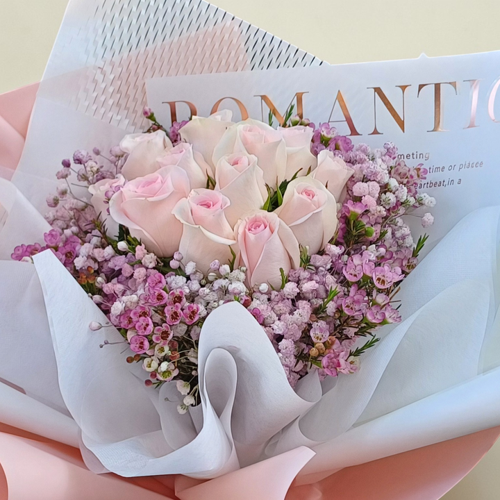 Pure Romance rose and baby’s breath hand bouquet for birthday or anniversary with delivery in Kuala Lumpur and Selangor