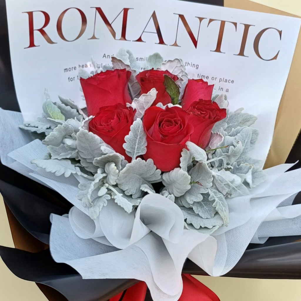 Blissful Embrace rose and dusty miller hand bouquet for birthday or anniversary with delivery in Kuala Lumpur and Selangor