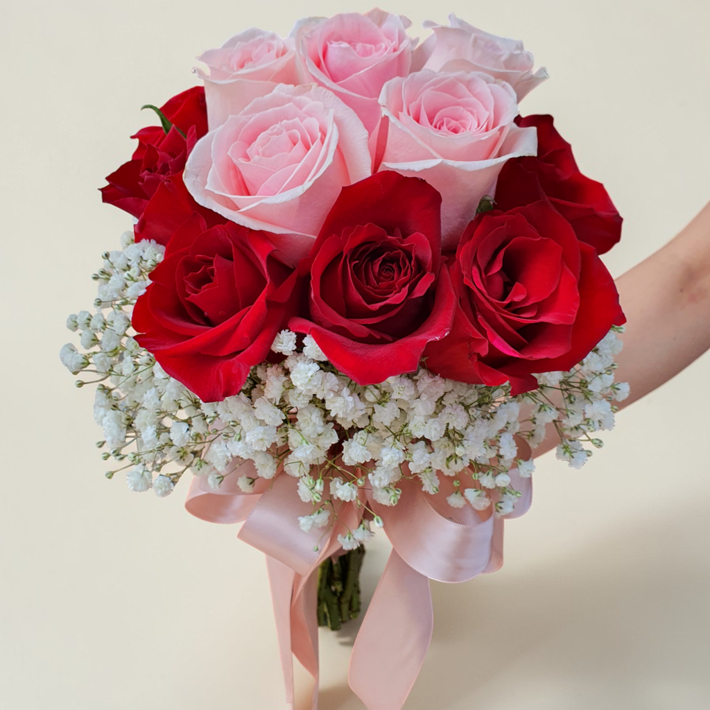 Blooming Joy rose and baby’s breath hand bouquet for bridal or wedding with delivery in Kuala Lumpur and Selangor