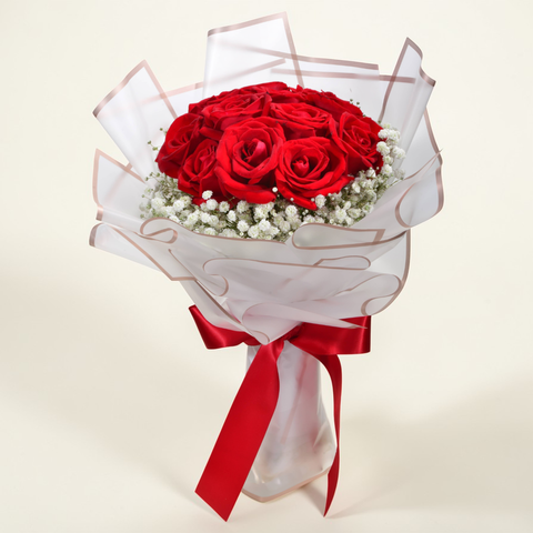 Scarlet Charm rose and baby’s breath hand bouquet for birthday or anniversary with delivery in Kuala Lumpur and Selangor