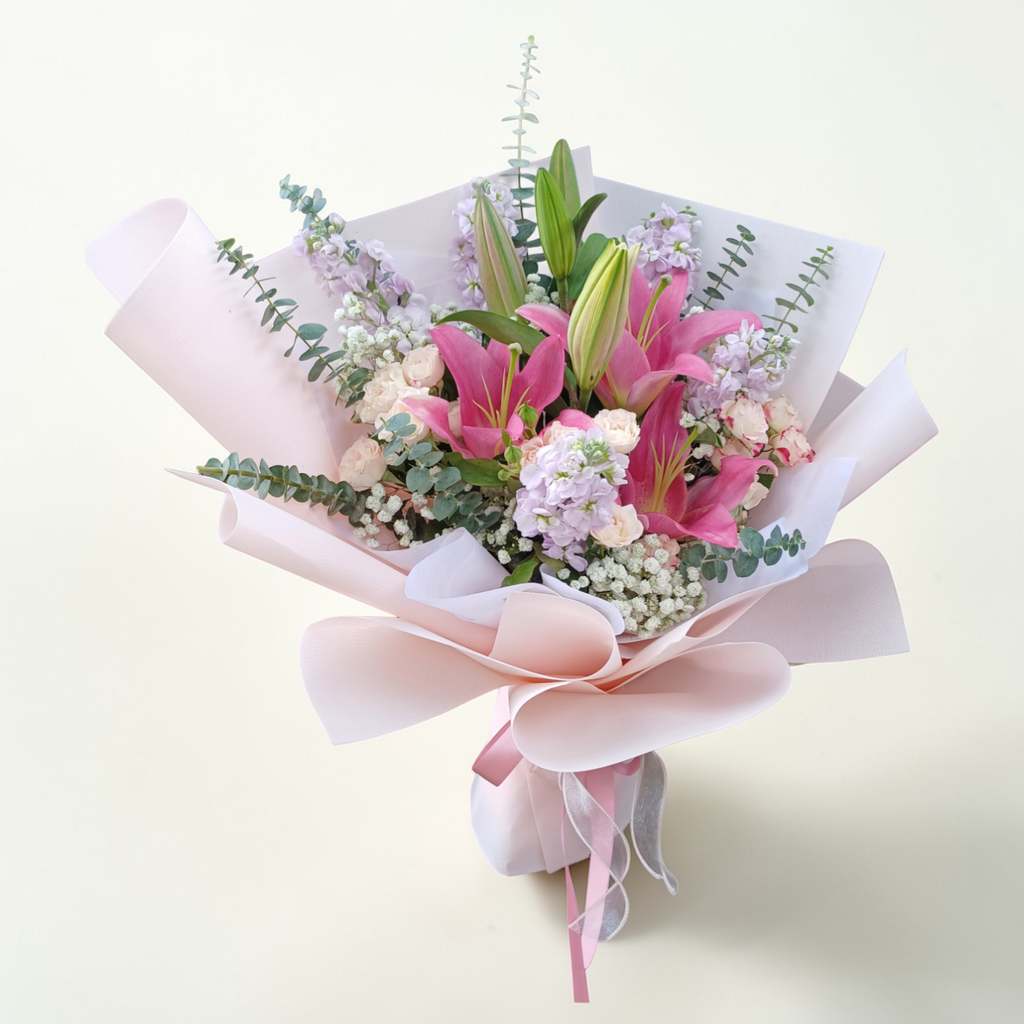 Cherished Moments lilies and matthiola hand bouquet for birthday or anniversary with delivery in Kuala Lumpur and Selangor