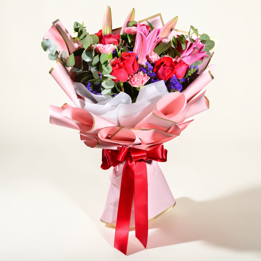 Moonlight Whisper lilies, carnation and rose hand bouquet for birthday or anniversary with delivery in Kuala Lumpur and Selangor