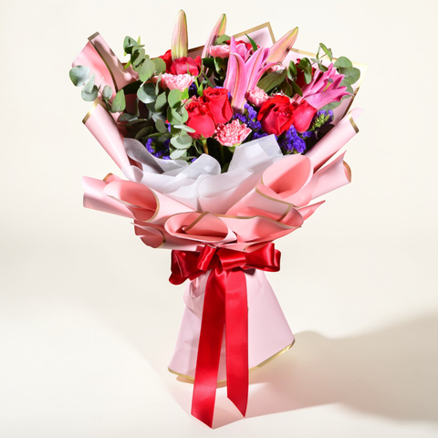 Moonlight Whisper lilies, carnation and rose hand bouquet for birthday or anniversary with delivery in Kuala Lumpur and Selangor