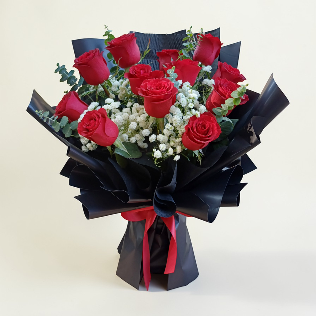 Eternal Devotion rose, baby’s breath and eucalyptus hand bouquet for birthday or anniversary with delivery In Kuala Lumpur and Selangor