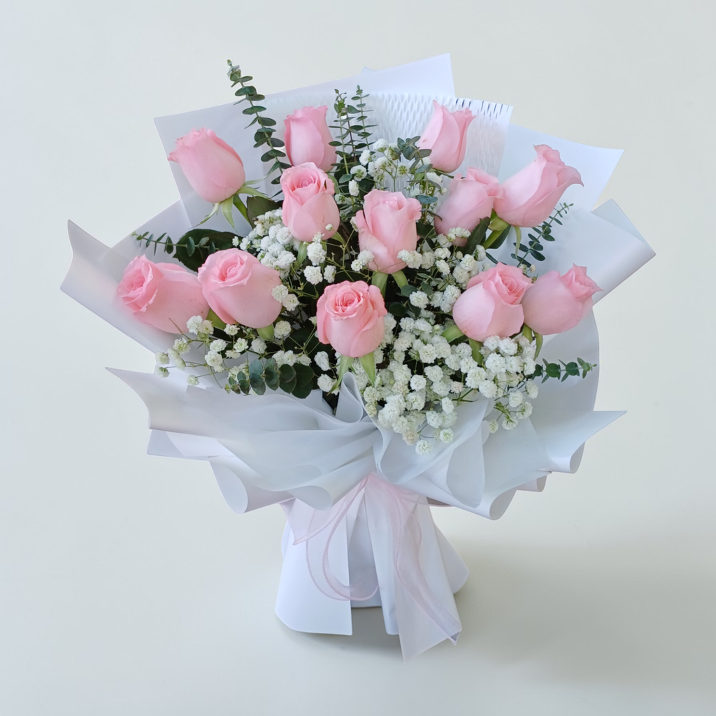 Eternal Devotion rose, baby’s breath and eucalyptus hand bouquet for birthday or anniversary with delivery In Kuala Lumpur and Selangor