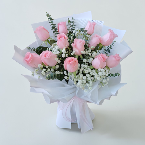 Eternal Devotion rose, baby’s breath and eucalyptus hand bouquet for birthday or anniversary with delivery In Kuala Lumpur and Selangor