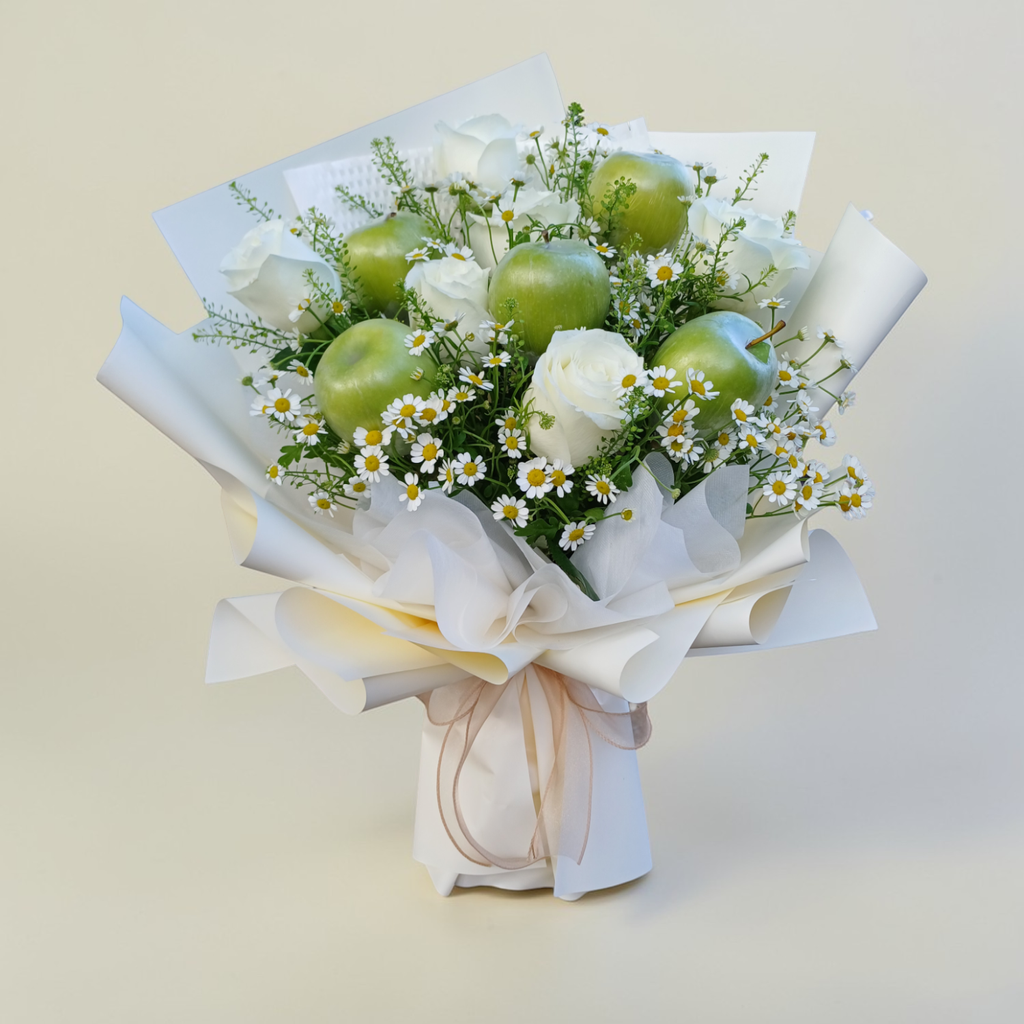 Pure Delight rose, chamomile and apple hand bouquet for birthday or anniversary with delivery in Kuala Lumpur and Selangor