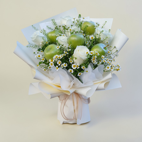 Pure Delight rose, chamomile and apple hand bouquet for birthday or anniversary with delivery in Kuala Lumpur and Selangor