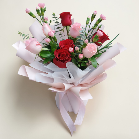Radiant Heart rose and spray carnation hand bouquet for birthday or anniversary with delivery in Kuala Lumpur and Selangor