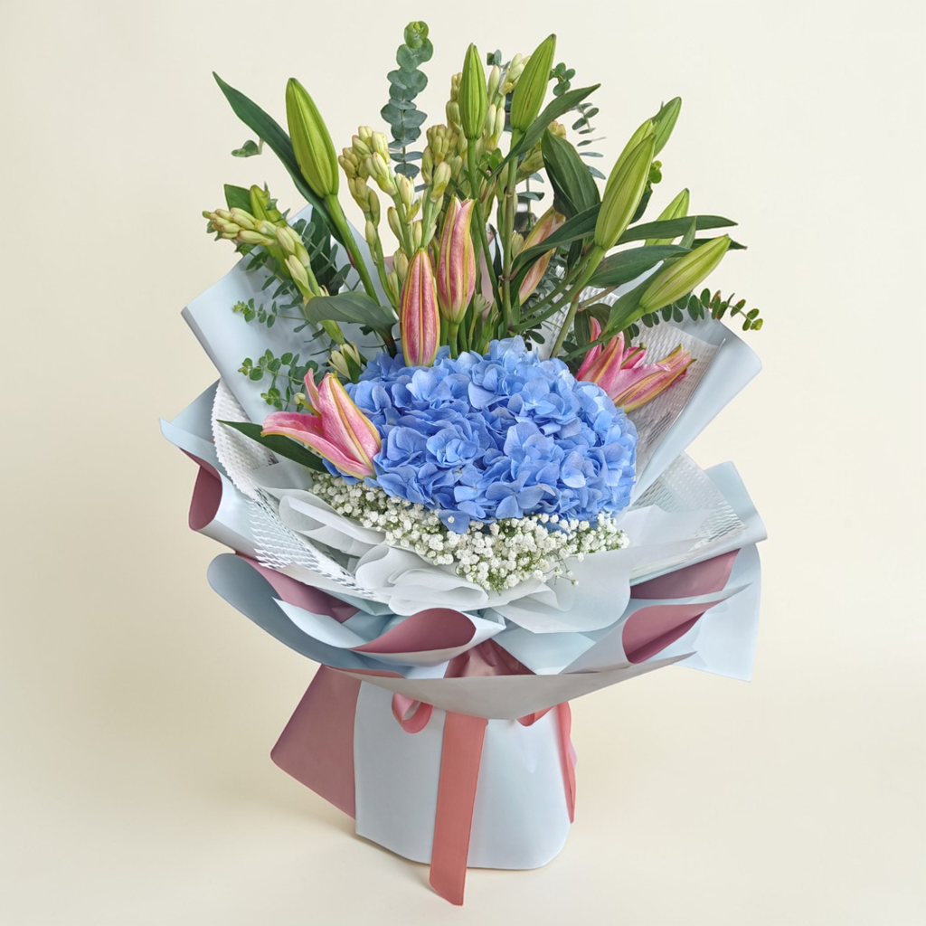Sweet Celebration tuberose, lilies and hydrangea hand bouquet for birthday or anniversary with delivery in Kuala Lumpur and Selangor