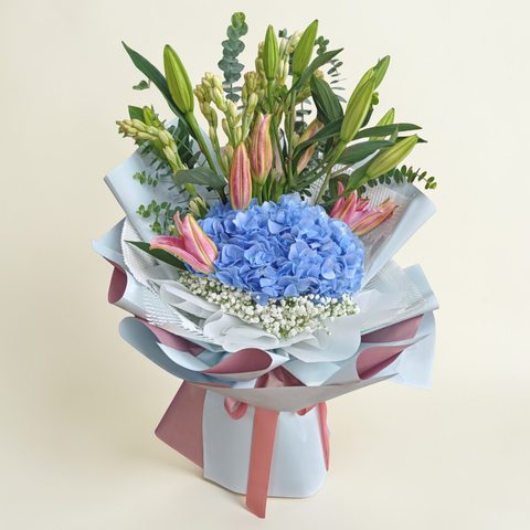 Sweet Celebration tuberose, lilies and hydrangea hand bouquet for birthday or anniversary with delivery in Kuala Lumpur and Selangor
