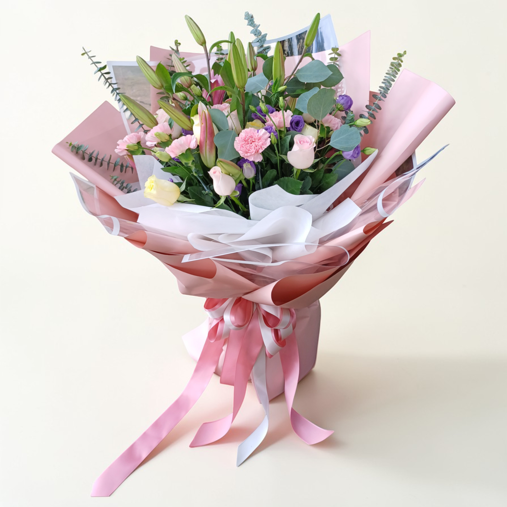 Sweet Devotion lilies, rose and eustoma hand bouquet for birthday or anniversary with delivery in Kuala Lumpur and Selangor
