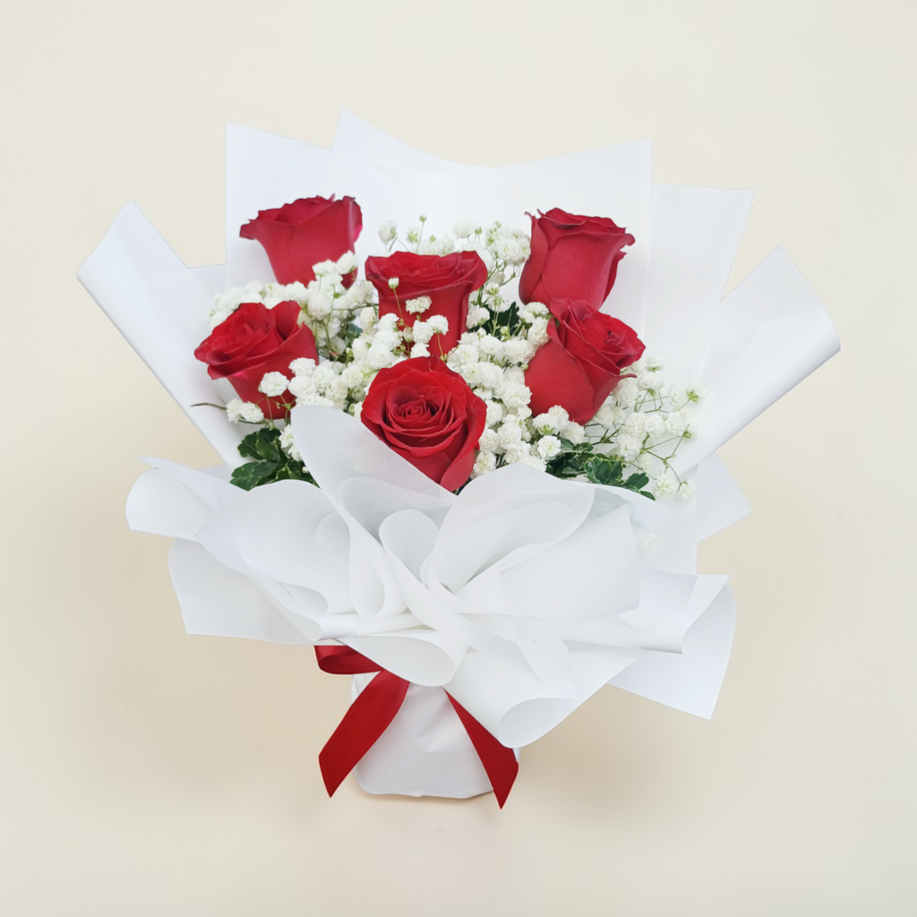 Love in Bloom rose and baby’s breath hand bouquet for birthday or anniversary with delivery in Kuala Lumpur and Selangor