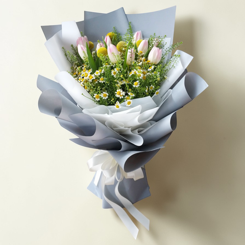 Graceful Petals craspedia tulip hand bouquet for birthday or anniversary with delivery in Kuala Lumpur and Selangor