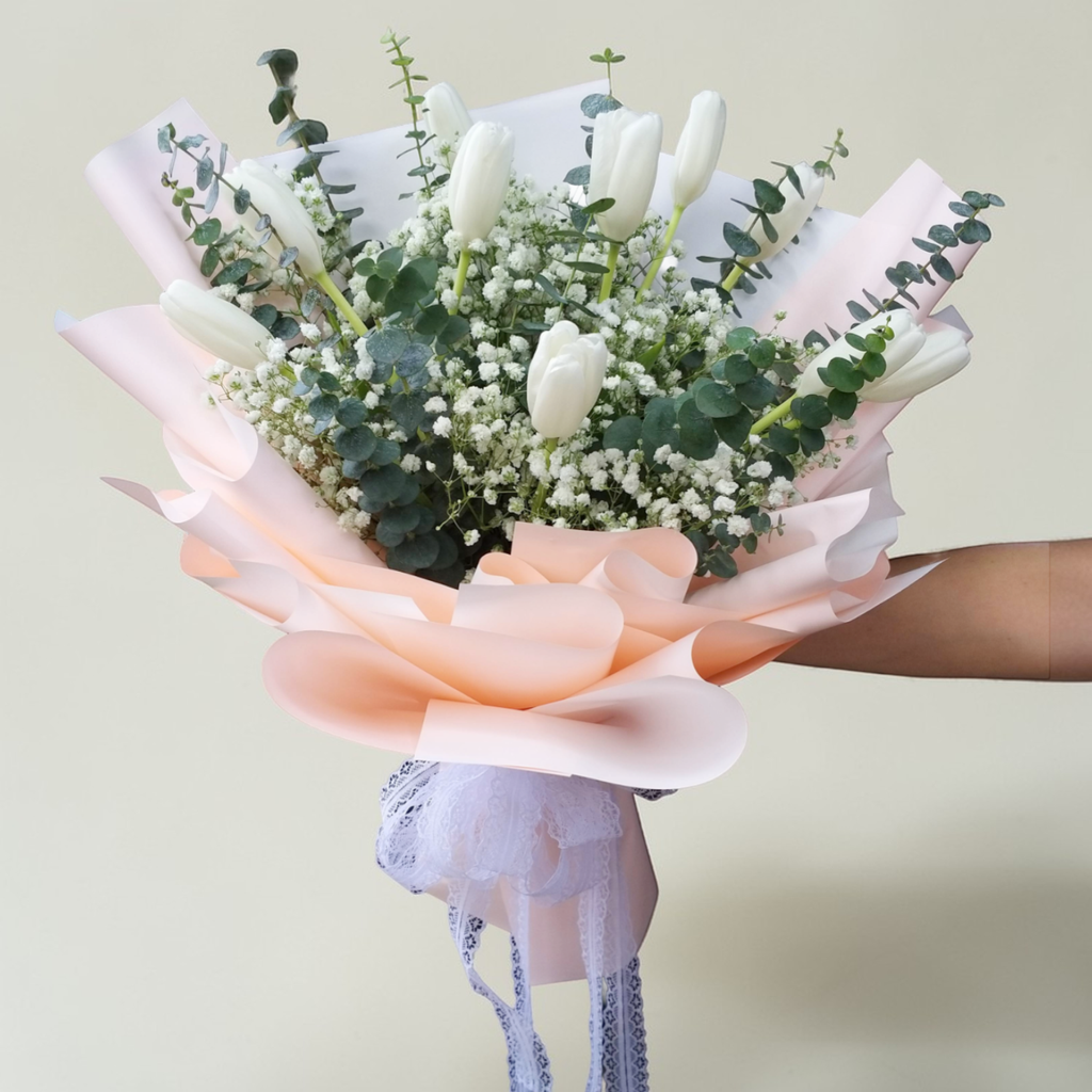 Floral Embrace tulip and baby’s breath hand bouquet for birthday or anniversary with delivery in Kuala Lumpur and Selangor