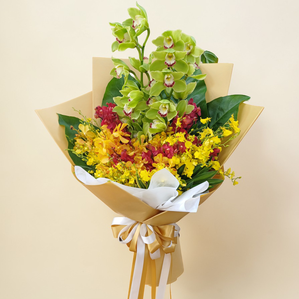 Precious Bloom cymbidium orchids and mokara orchids hand bouquet for birthday or anniversary with delivery in Kuala Lumpur and Selangor