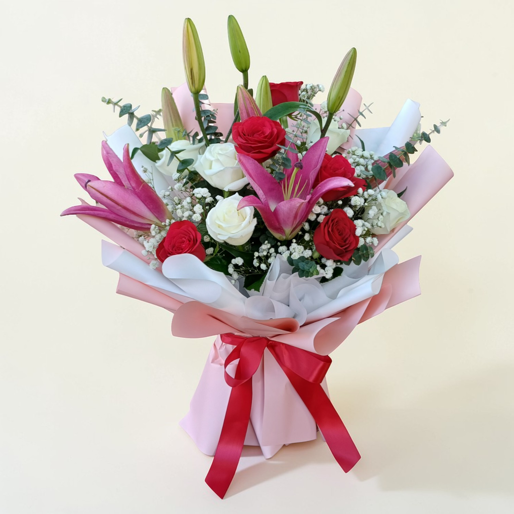 Harmony in Bloom lilies and rose hand bouquet for birthday or anniversary with delivery in Kuala Lumpur and Selangor