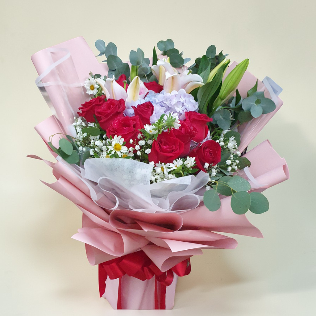 Spring Symphony hydrangea, lilies and rose hand bouquet for birthday or  anniversary with delivery in Kuala Lumpur and Selangor