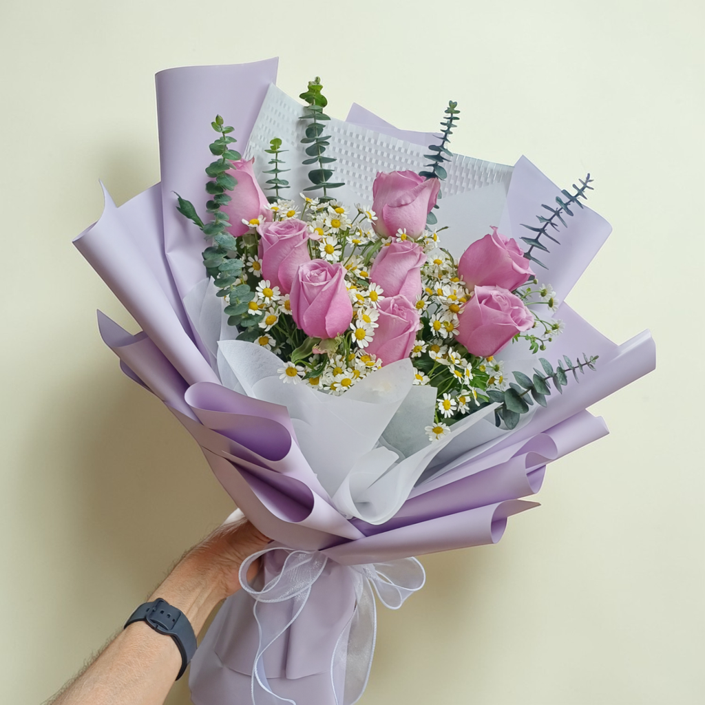 Enchanted Bloom rose and chamomile hand bouquet for birthday or anniversary with delivery in Kuala Lumpur and Selangor