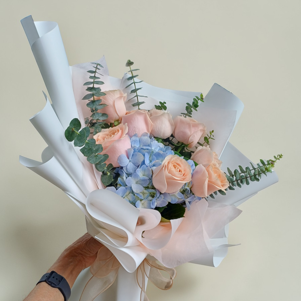 Blooming Promise hydrangea, rose and eucalyptus hand bouquet for birthday or anniversary with delivery in Kuala Lumpur and Selangor