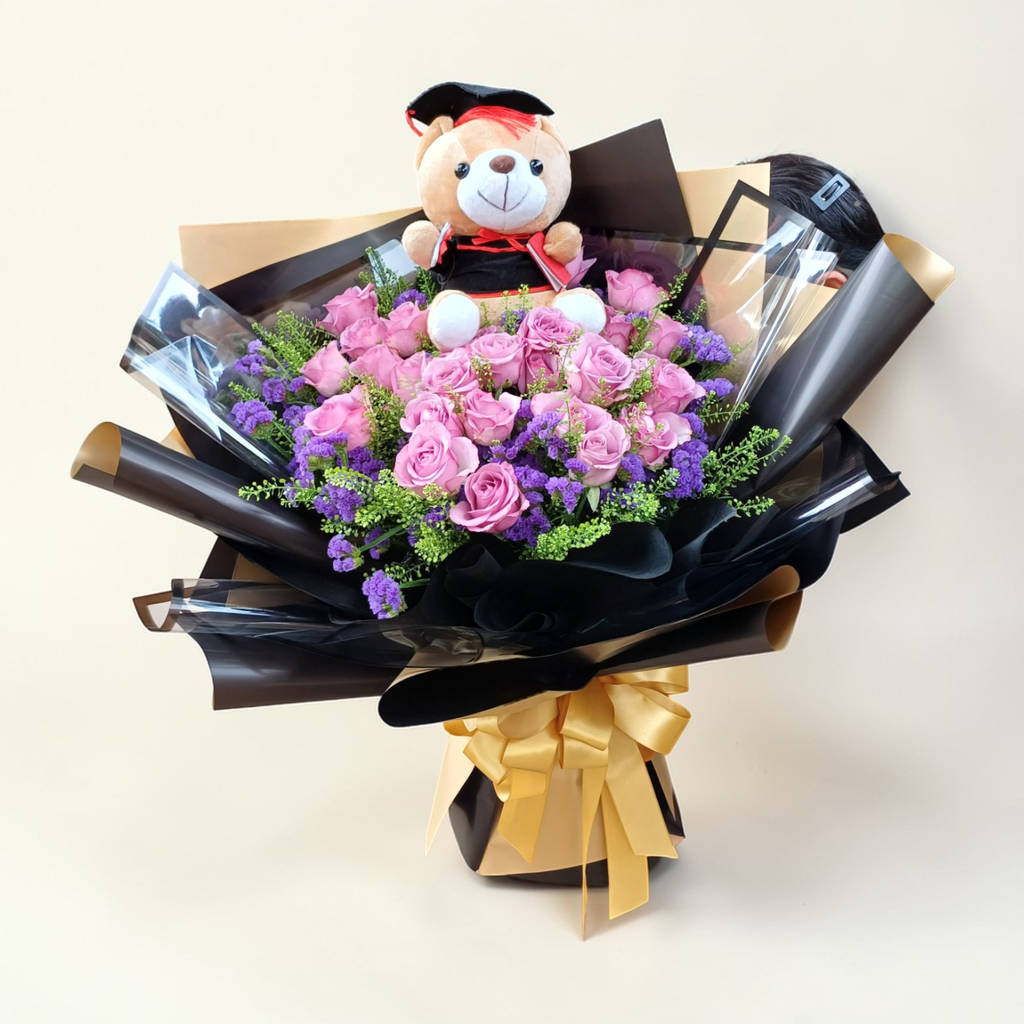 Floral Radiance rose, statice and bear hand bouquet for university graduation with delivery in Kuala Lumpur and Selangor