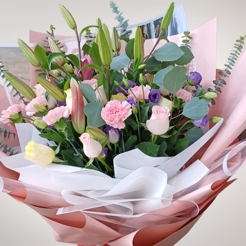 Sweet Devotion lilies, rose and eustoma hand bouquet for birthday or anniversary with delivery in Kuala Lumpur and Selangor