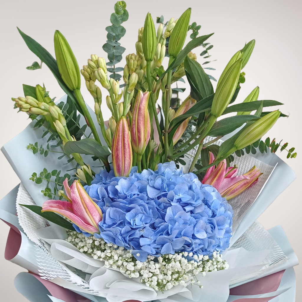 Sweet Celebration tuberose, lilies and hydrangea hand bouquet for birthday or anniversary with delivery in Kuala Lumpur and Selangor