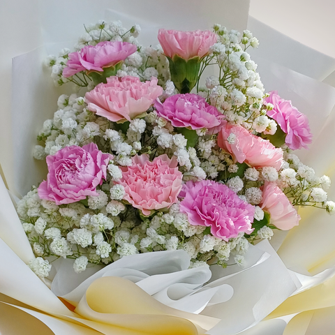 Whispering Petals carnation hand bouquet for birthday or anniversary with delivery in Kuala Lumpur and Selangor
