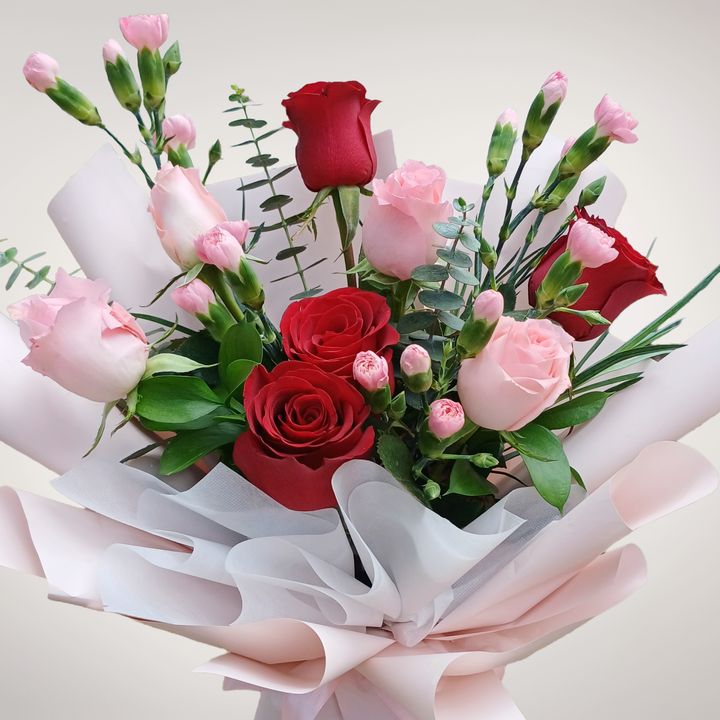 Radiant Heart rose and spray carnation hand bouquet for birthday or anniversary with delivery in Kuala Lumpur and Selangor