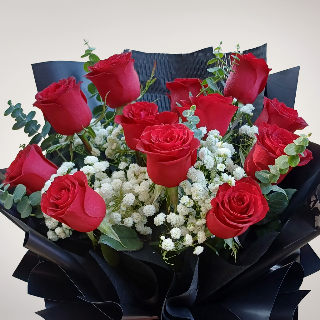 Eternal Devotion rose, baby’s breath and eucalyptus hand bouquet for birthday or anniversary with delivery In Kuala Lumpur and Selangor