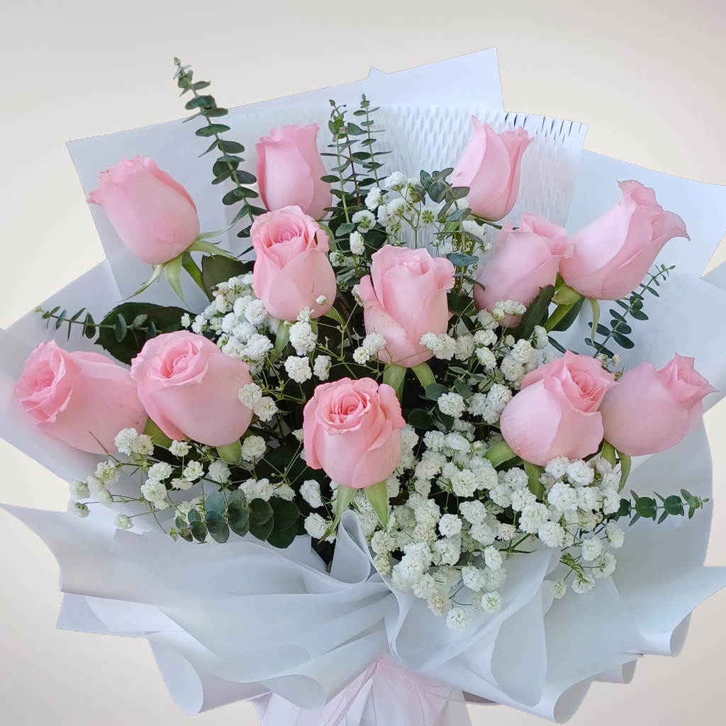 Eternal Devotion rose, baby’s breath and eucalyptus hand bouquet for birthday or anniversary with delivery In Kuala Lumpur and Selangor