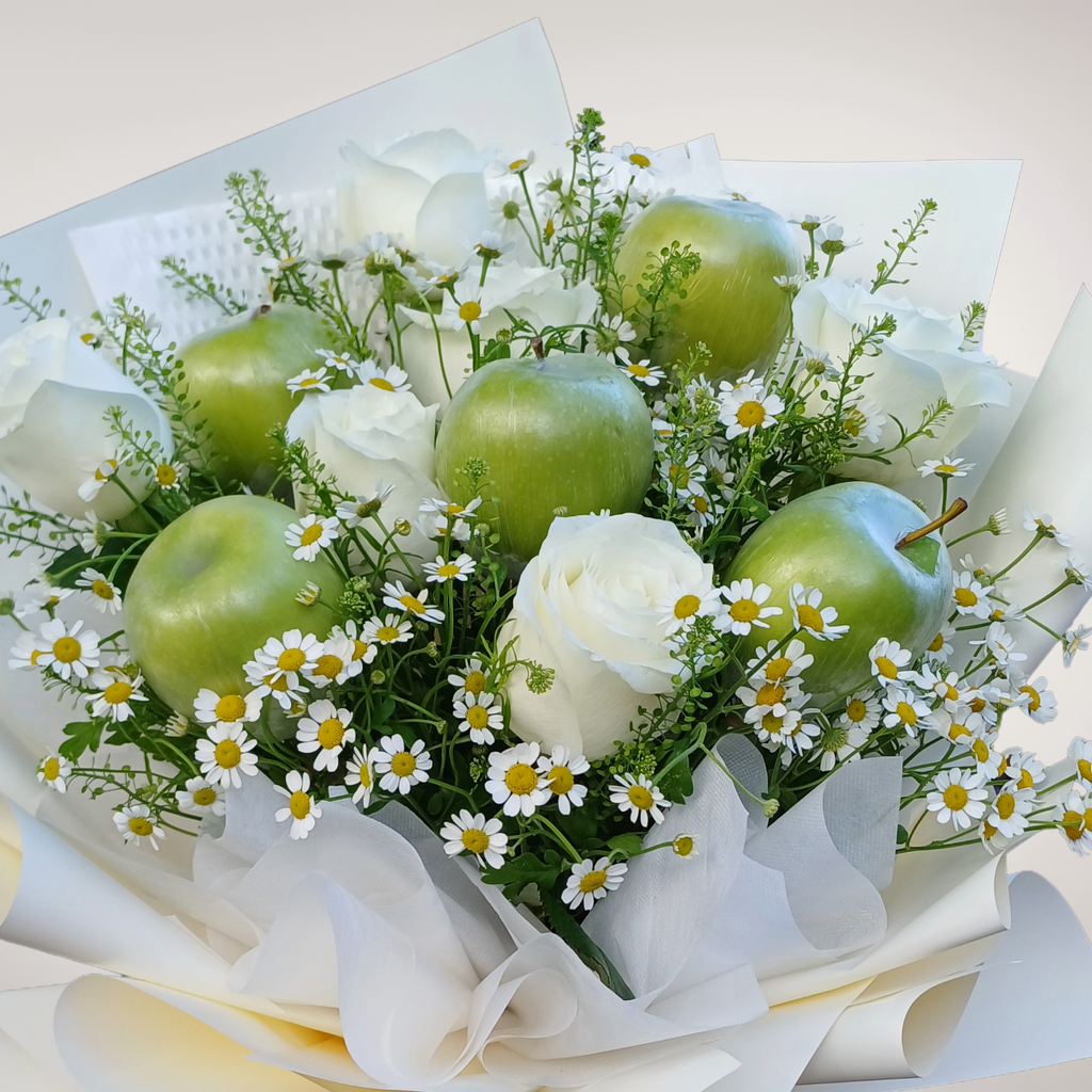 Pure Delight rose, chamomile and apple hand bouquet for birthday or anniversary with delivery in Kuala Lumpur and Selangor