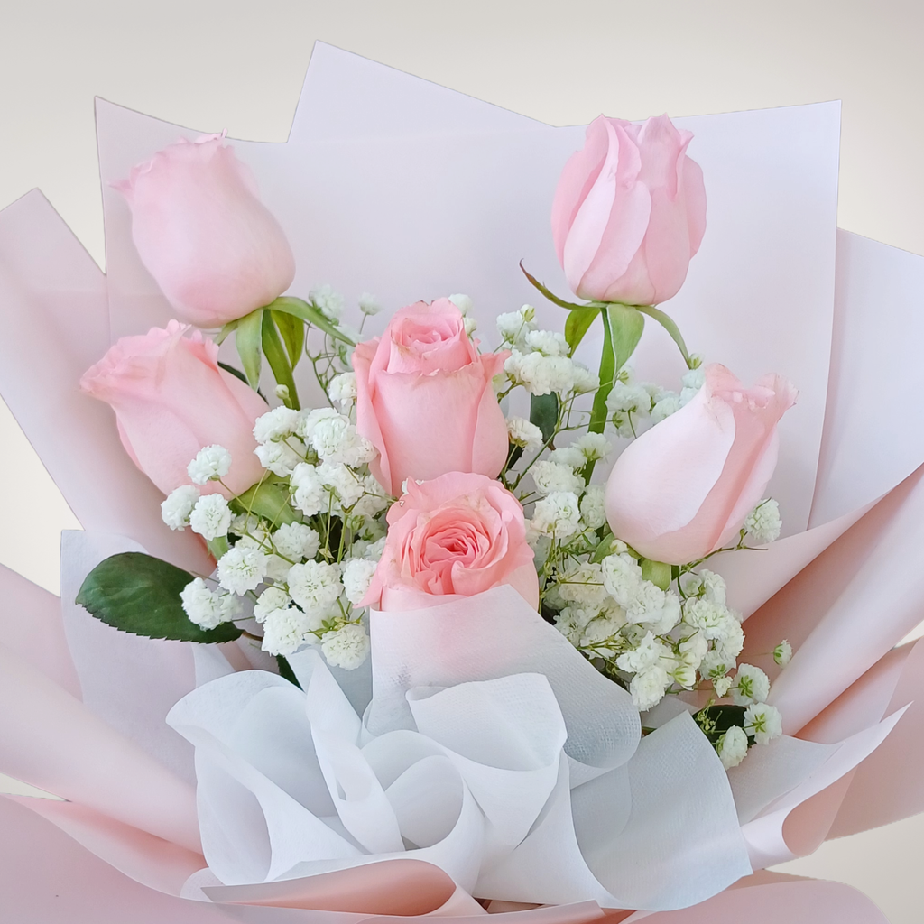 Love in Bloom rose and baby’s breath hand bouquet for birthday or anniversary with delivery in Kuala Lumpur and Selangor