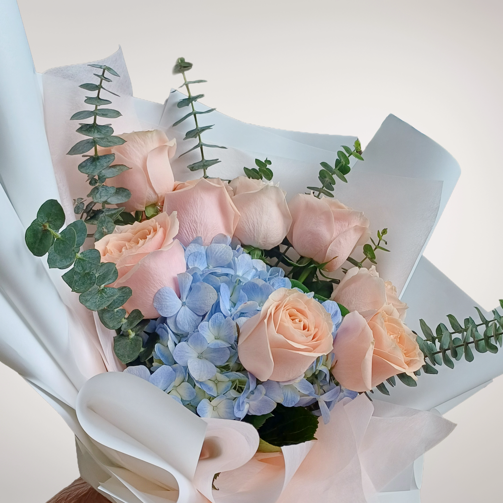 Blooming Promise hydrangea, rose and eucalyptus hand bouquet for birthday or anniversary with delivery in Kuala Lumpur and Selangor