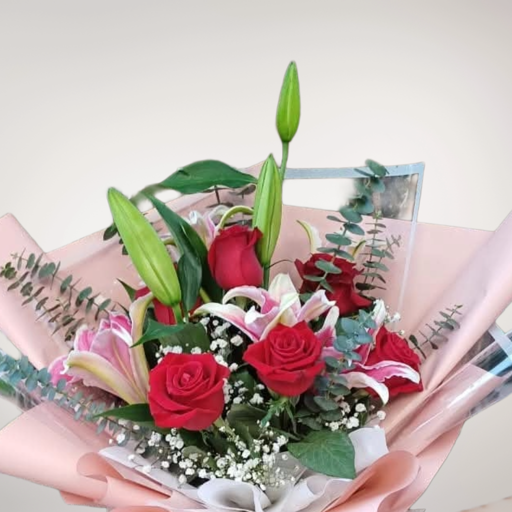 Heart’s Desire lilies and rose hand bouquet for birthday or anniversary with delivery in Kuala Lumpur and Selangor