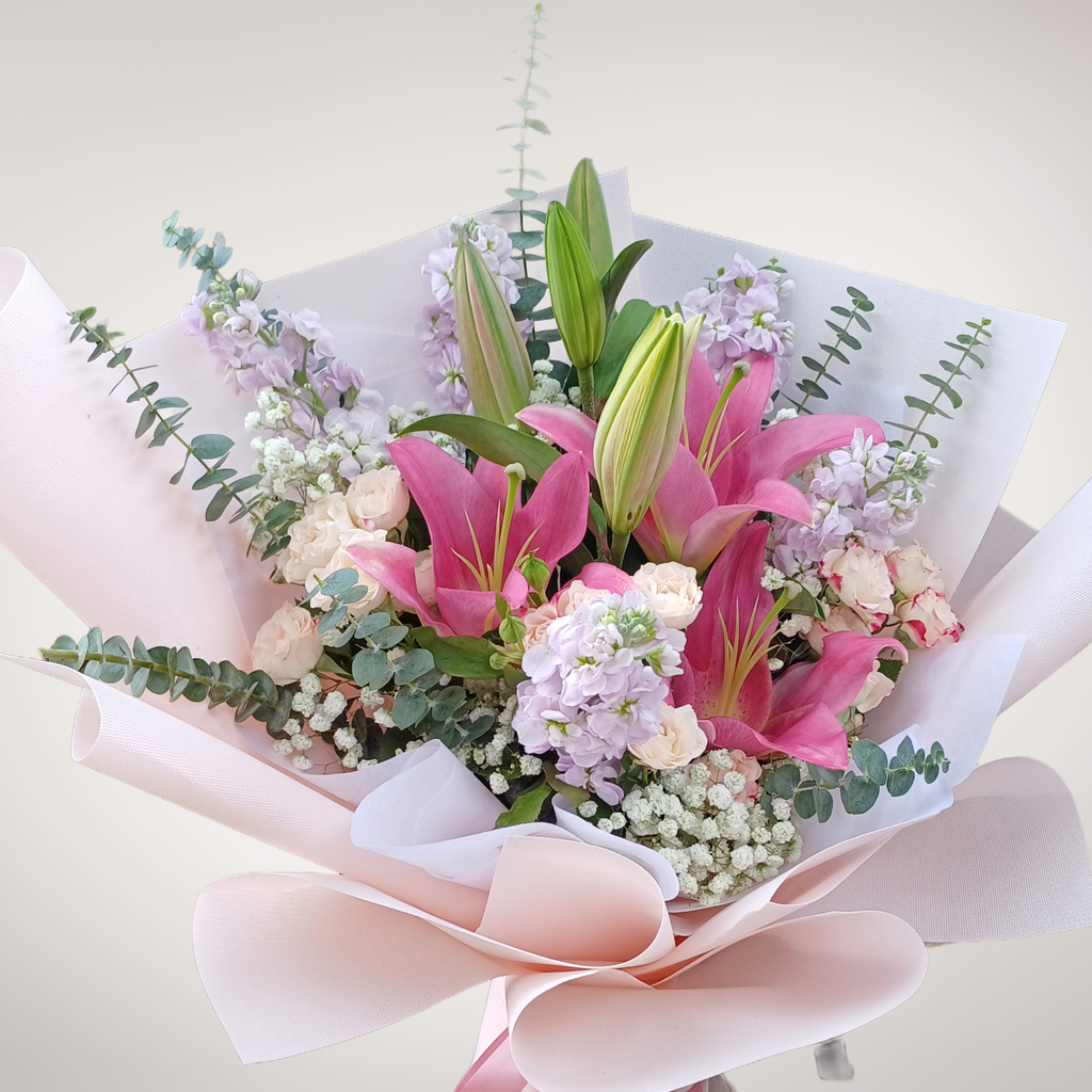 Cherished Moments lilies and matthiola hand bouquet for birthday or anniversary with delivery in Kuala Lumpur and Selangor