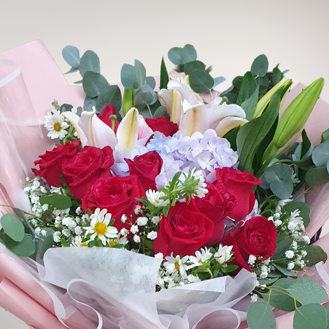 Spring Symphony hydrangea, lilies and rose hand bouquet for birthday or  anniversary with delivery in Kuala Lumpur and Selangor
